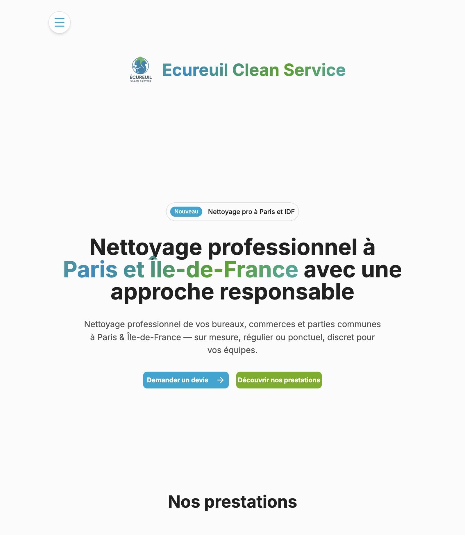La page d’accueil du site Écureuil Clean Service, vue dans le cœur de CrushCode